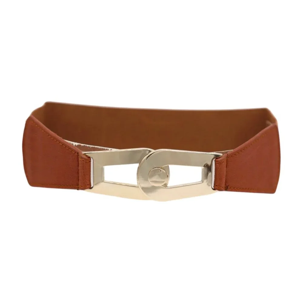 Women Brown Elastic Skinny Waistband Hip Waist Belt Gold Metal Buckle S M z046 - Picture 9 of 13